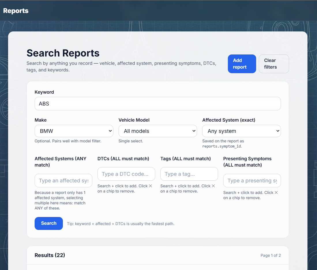 UnderTorque - Search reports screen